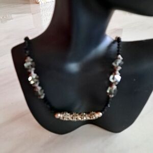 Elegant Silver and Black Swarovski Beaded With Clear Swarovski Crystal Necklace